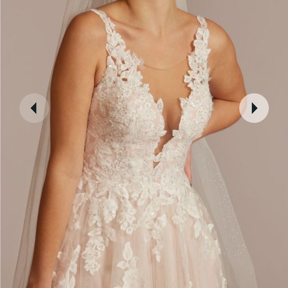 Size 6 Davids Bridal Ivory Cashmere illusion plunge v-neck lace wedding gown